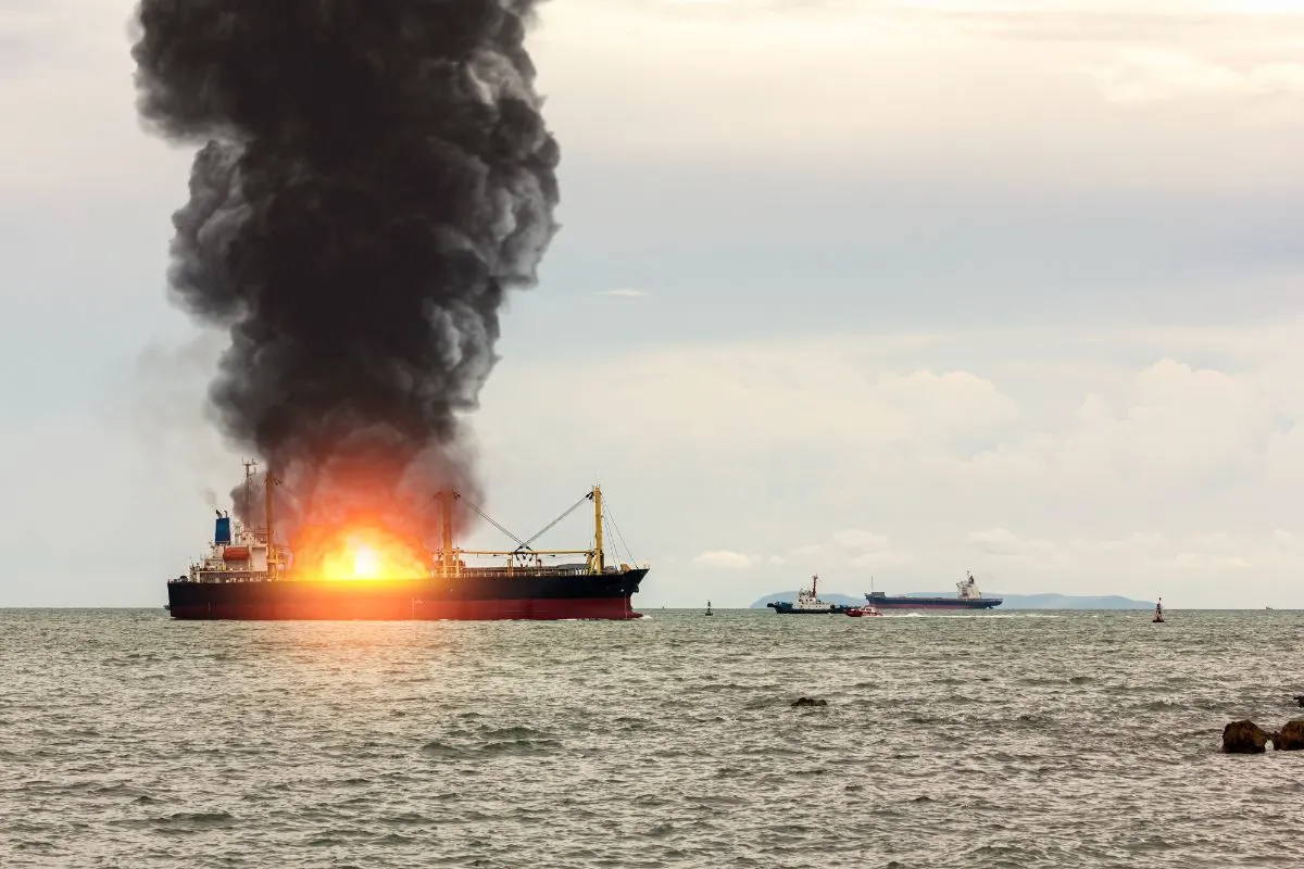 Explosion and fire breakout in a cargo ship.