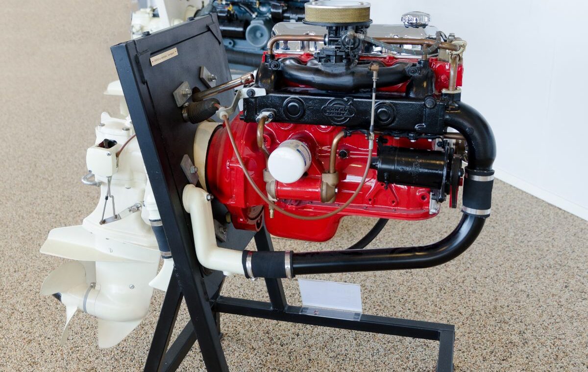 A photo of one inboard engine for one boat.