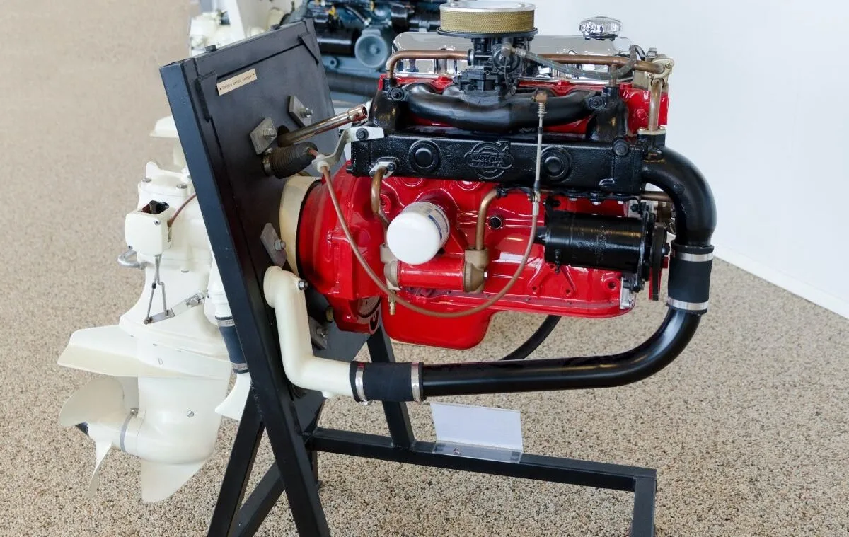 A photo of one inboard engine for one boat.