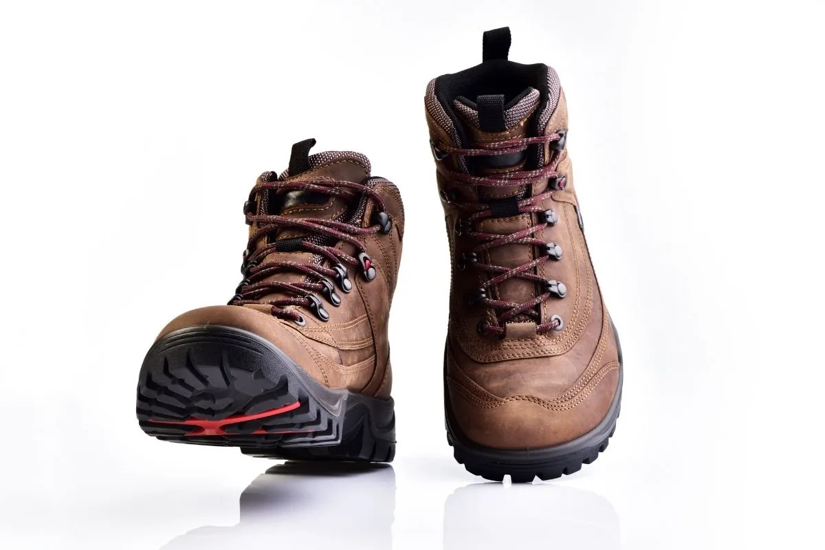 A pair of hiking boots on a white background.