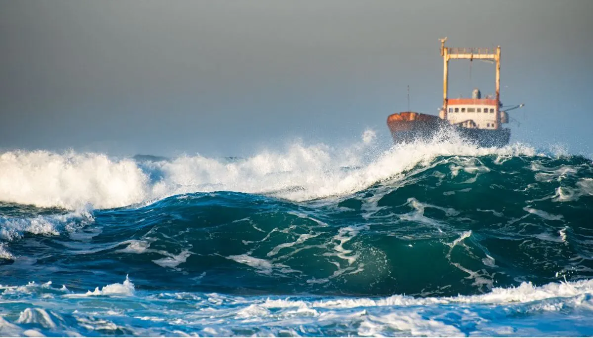 A cargo ship sailing through big waves.