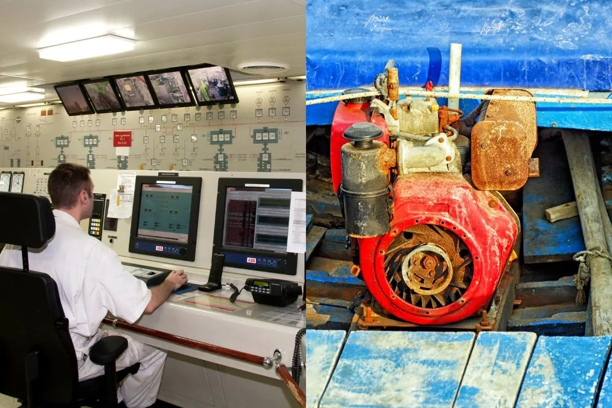 A ship crew in the engine control room and a rusty boat engine.