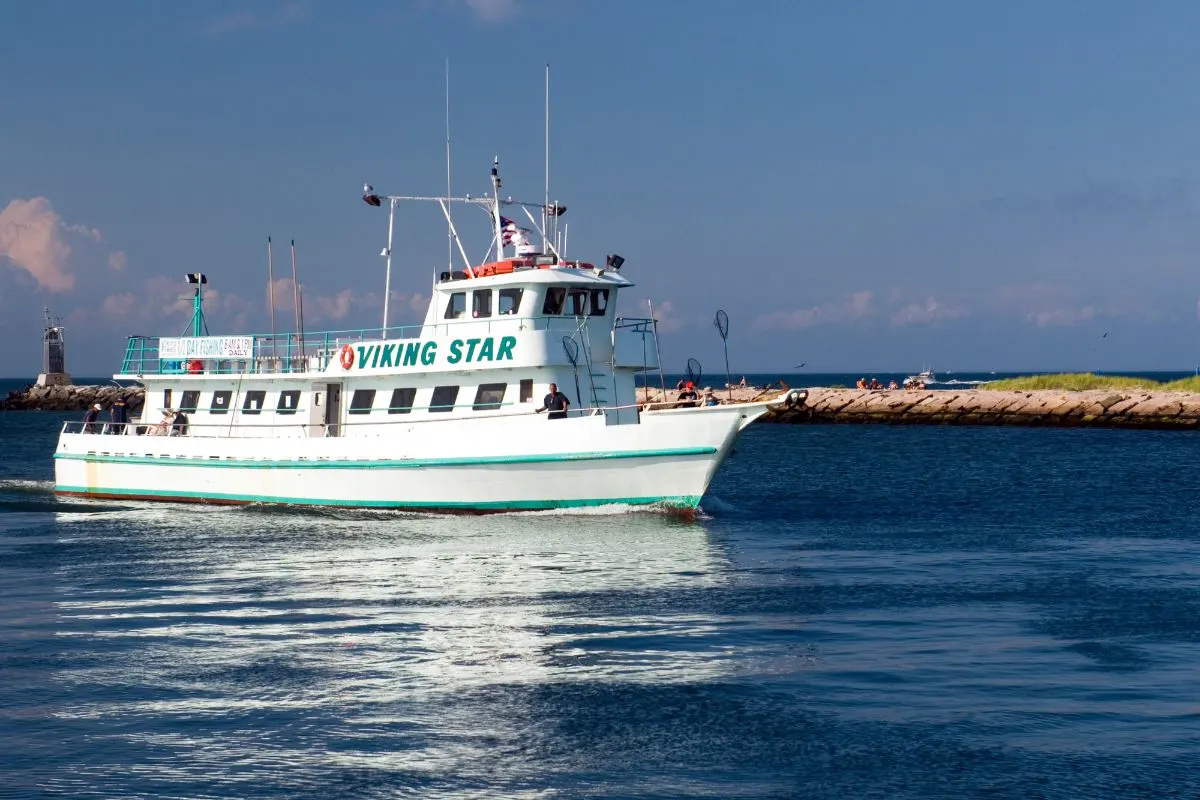 A charter boat named Viking Star with passengers and the captain sightseeing the sea.