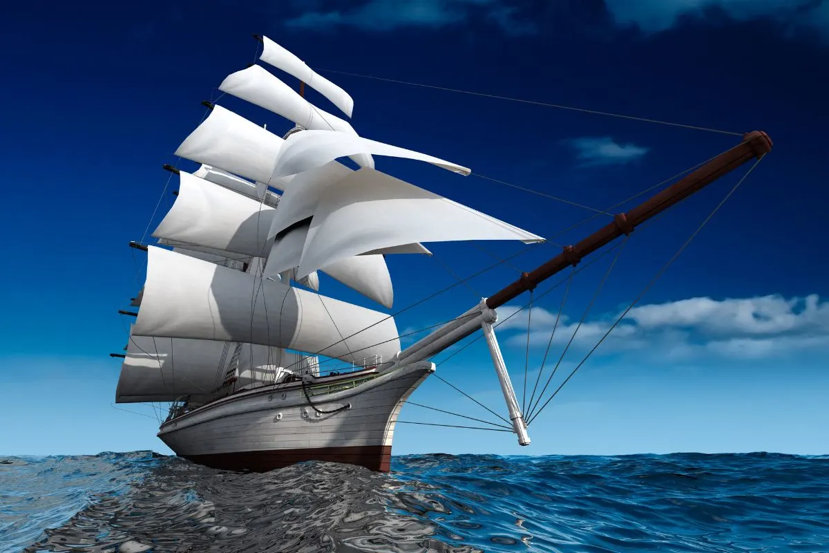 A 3D illustration of a boat with foresails at the sea.