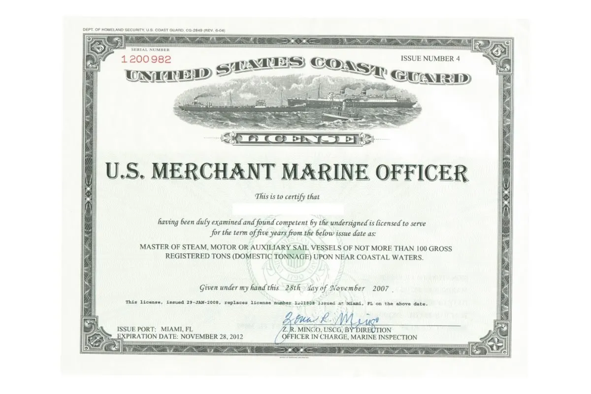 An example of 25, 50, OR 100 GROSS TONS  Master Inland Captain's License for the US Merchant Marine Officer..