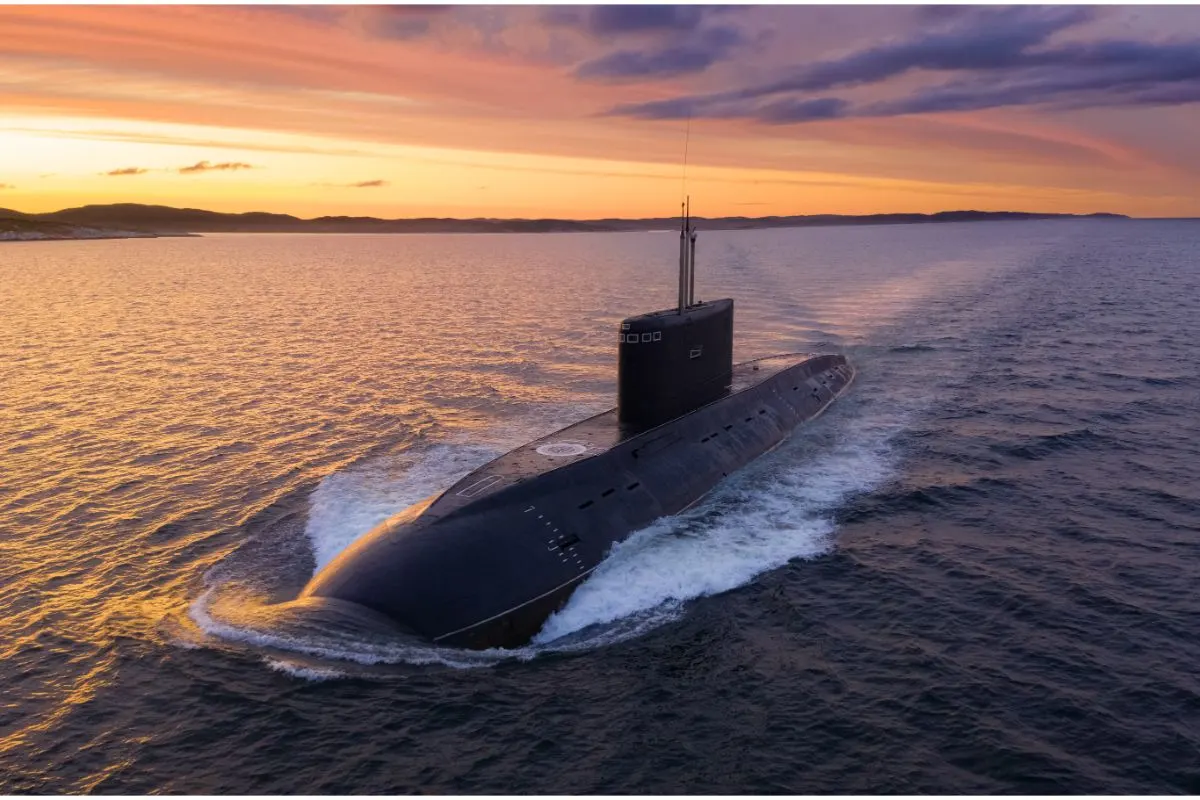 A photo of diesel submarine in the bay.