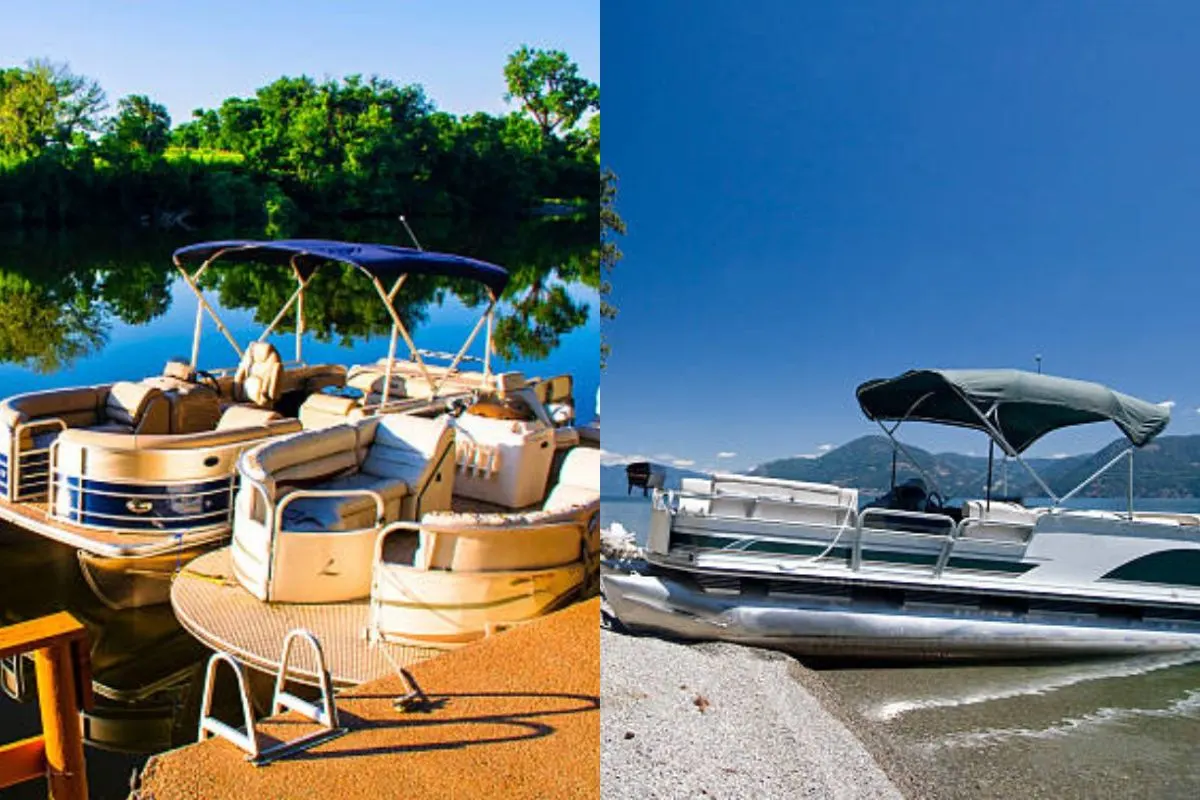 A collage of pontoon and triton boats on the lake.