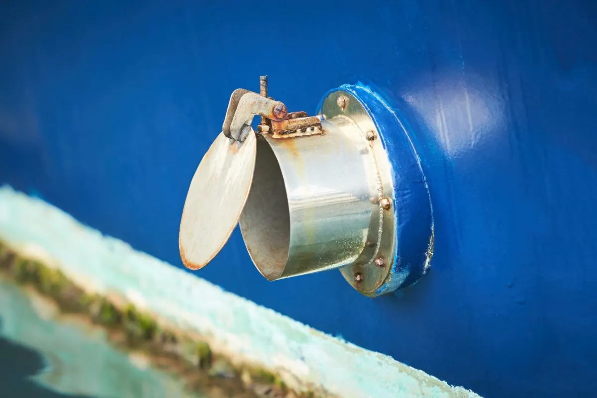 A scupper hole for water drainage water from main deck of the boat.