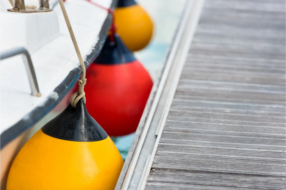 Three ball-shaped boat fenders at the side.