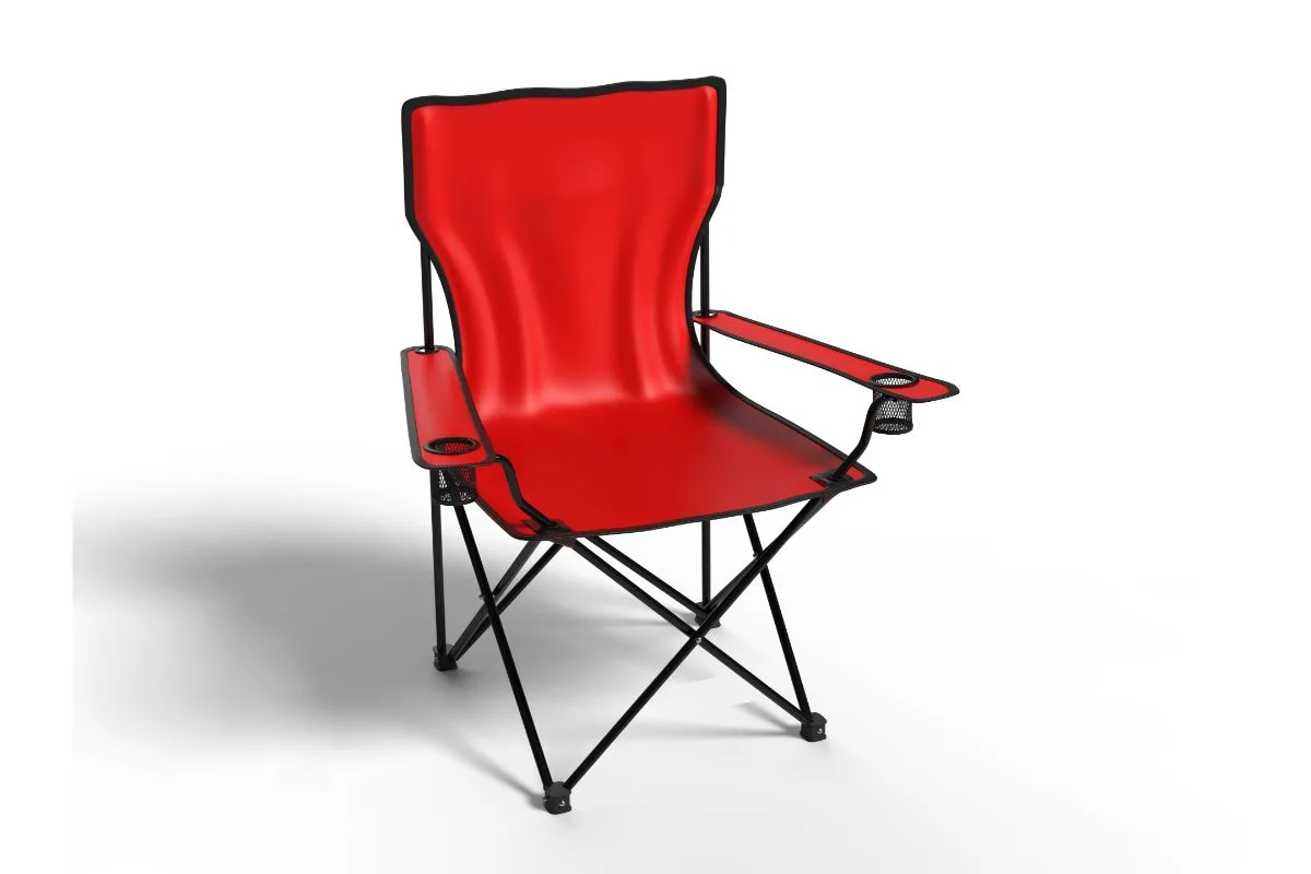 A brand new camping chair that is very suitable for every place you'll go in a full red colorway isolated in a white background.