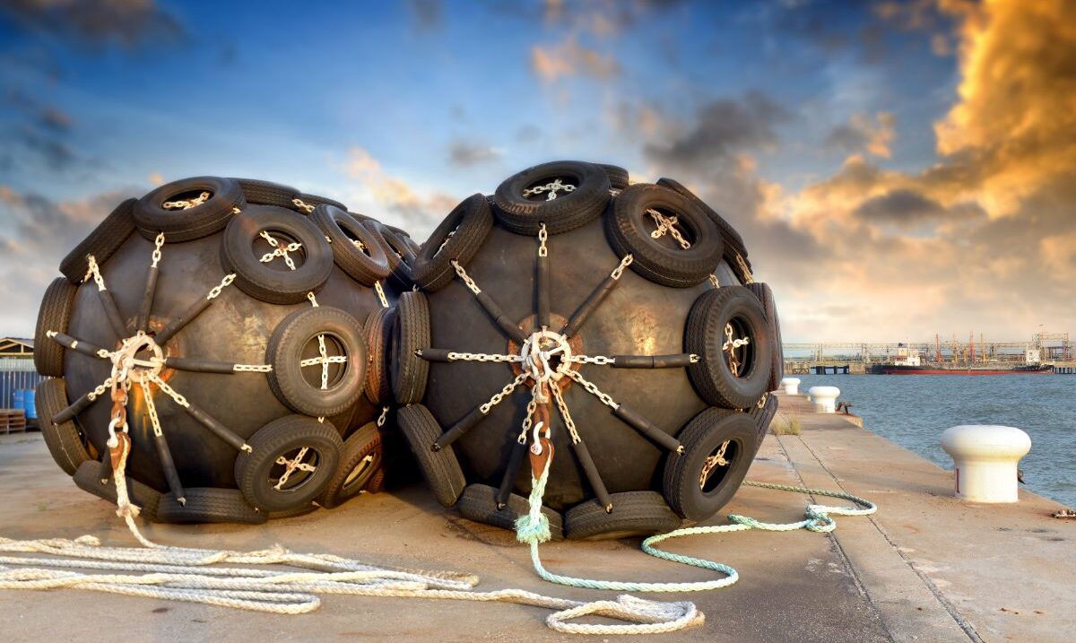 Two big cushion fenders with tires around it placed on a ship.