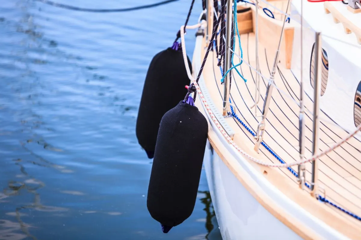 A photo of boat in water with cylindrical in a color black.