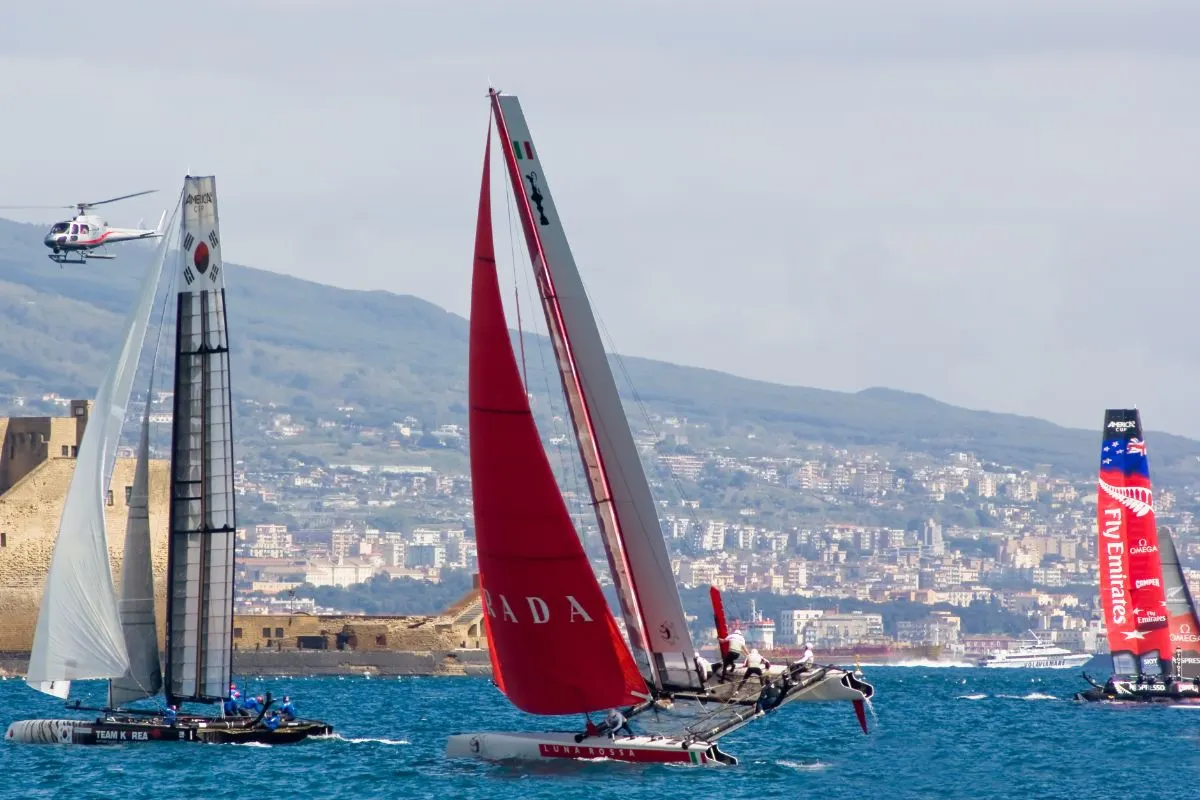 Captured photo of america's cup world series fleet racing.