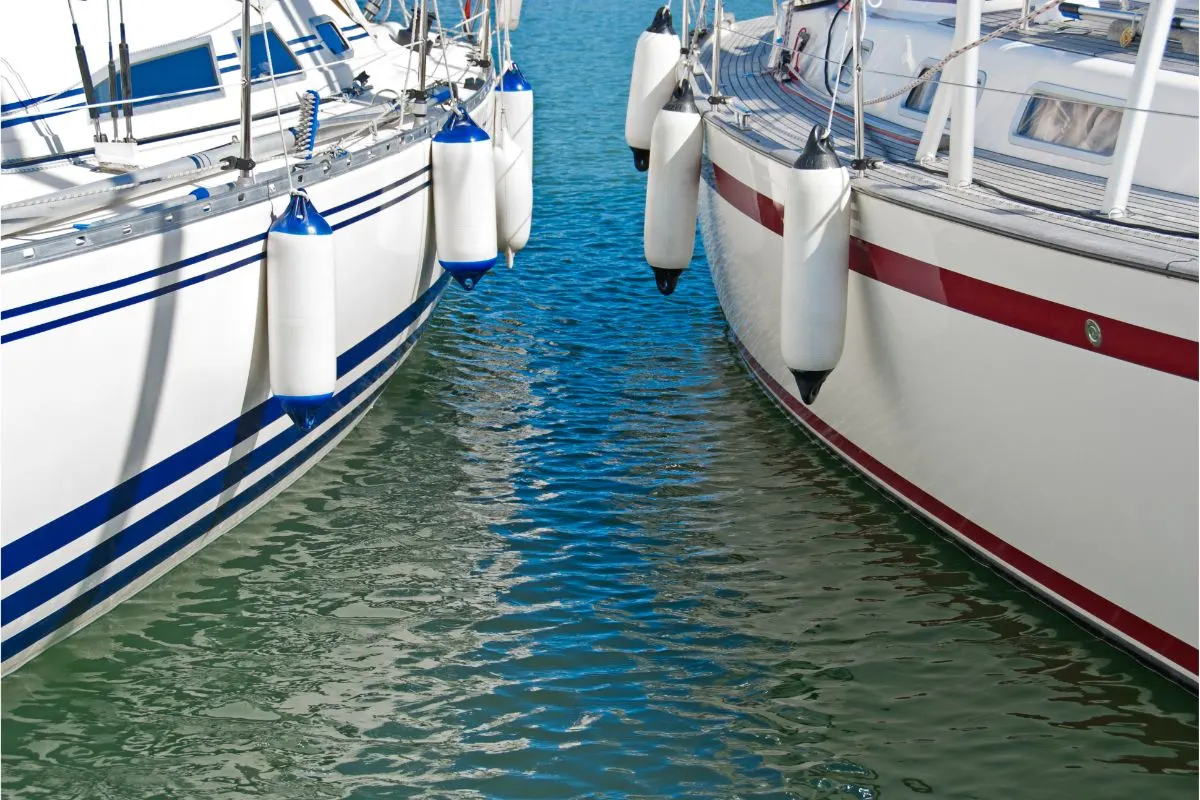 Two colorful motorboats on calm water with long fenders.