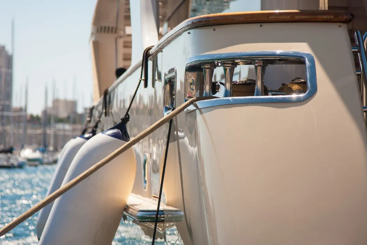 Close up photo of sailboat and its fender hanging on the rail.