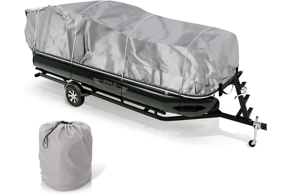 The universal fit boat cover covering a pontoon boat with another boat cover beside it isolated in a white background.