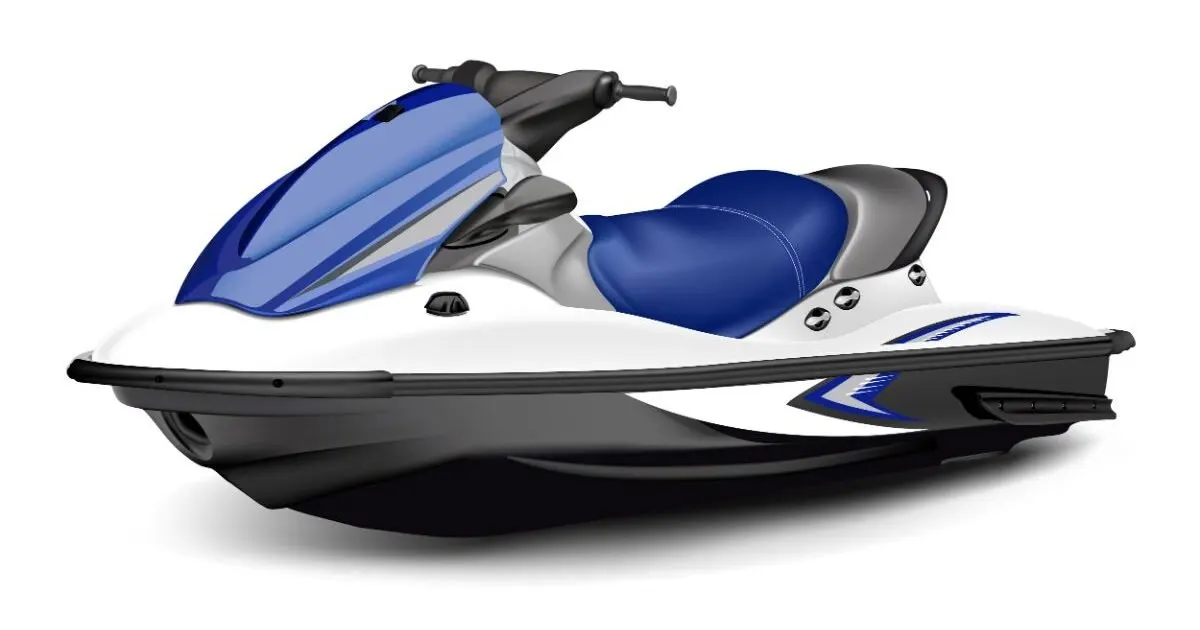 A detailed image of a bluse and white jet ski isolated on a white background.