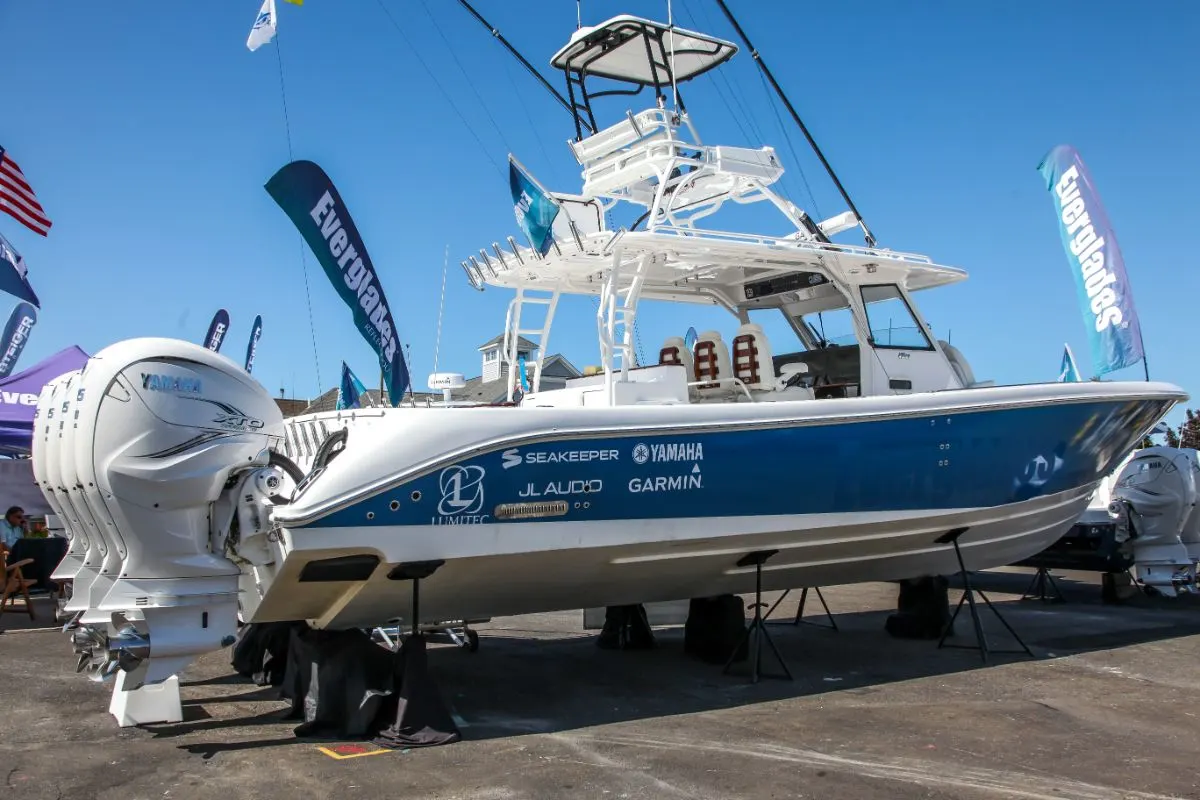 A brand new Everglade 450 2020 model in a dry dock. 