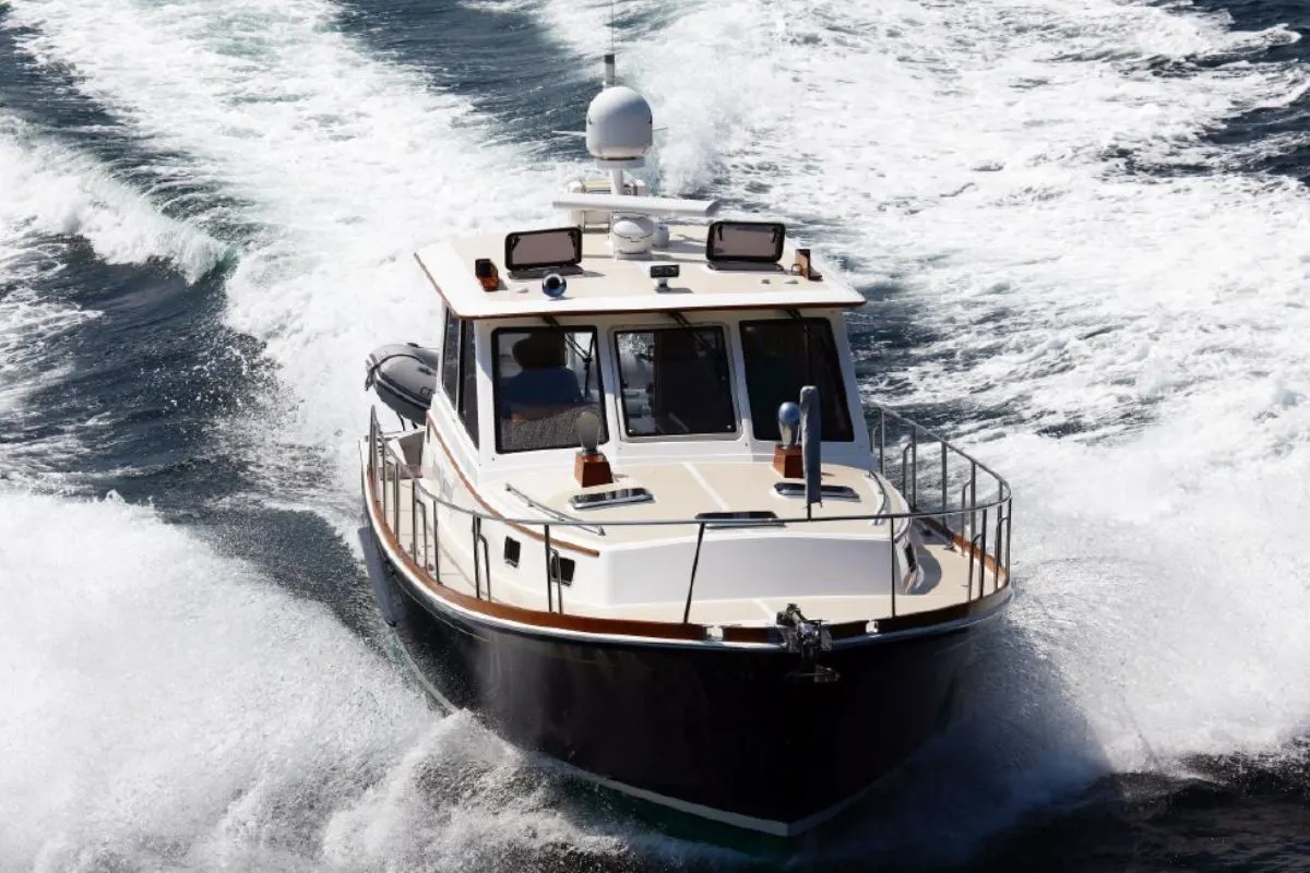 Front view of the Grand Banks 43 sailing on the sea.