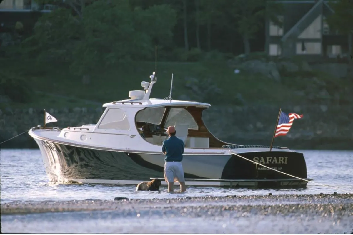 A Hincley yacht is anchored near the bay with it's owner standing near.