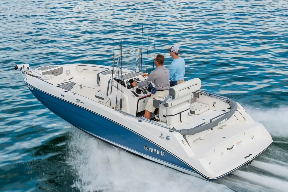 A Yamaha 210 FSH deluxe with two men onboard going fullspeed.