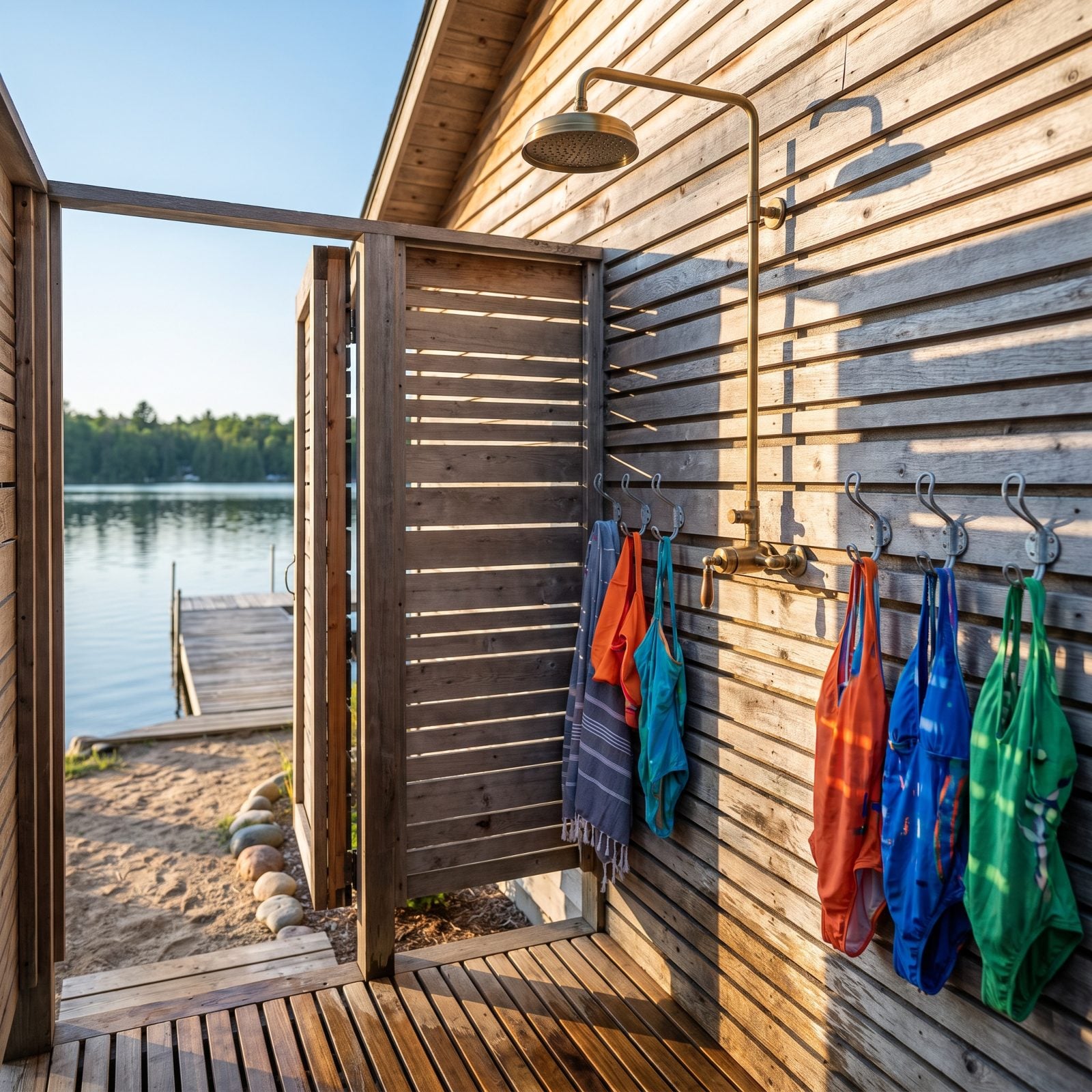 Add a Warm-Water Outdoor Shower With Swimsuit Hooks