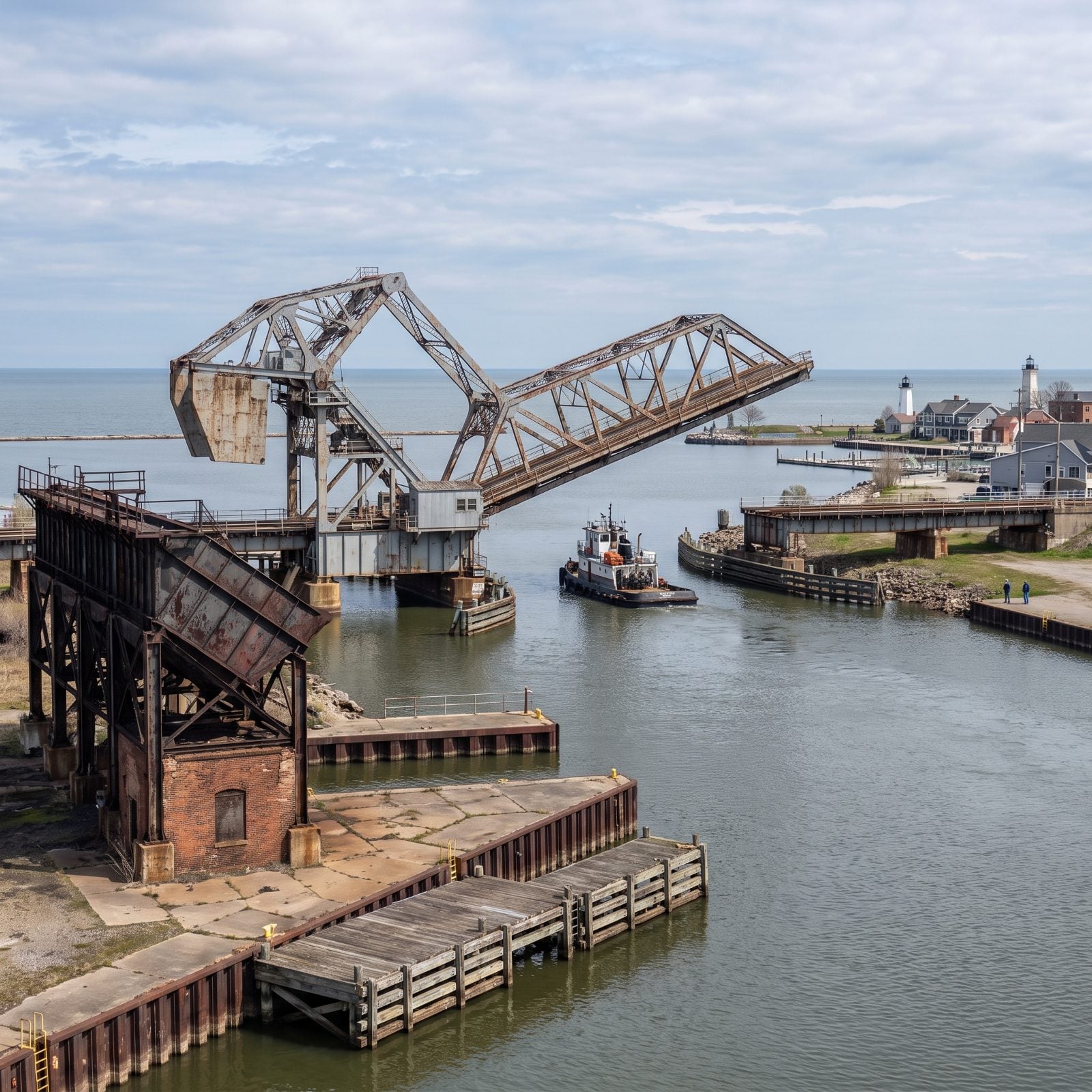 Ashtabula, Ohio, A Bascule Bridge Lifts for Traffic on the Harbor River