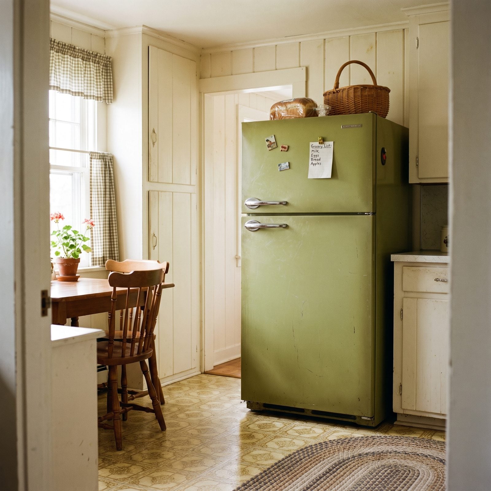 An Avocado-Green Refrigerator With Rounded Handles