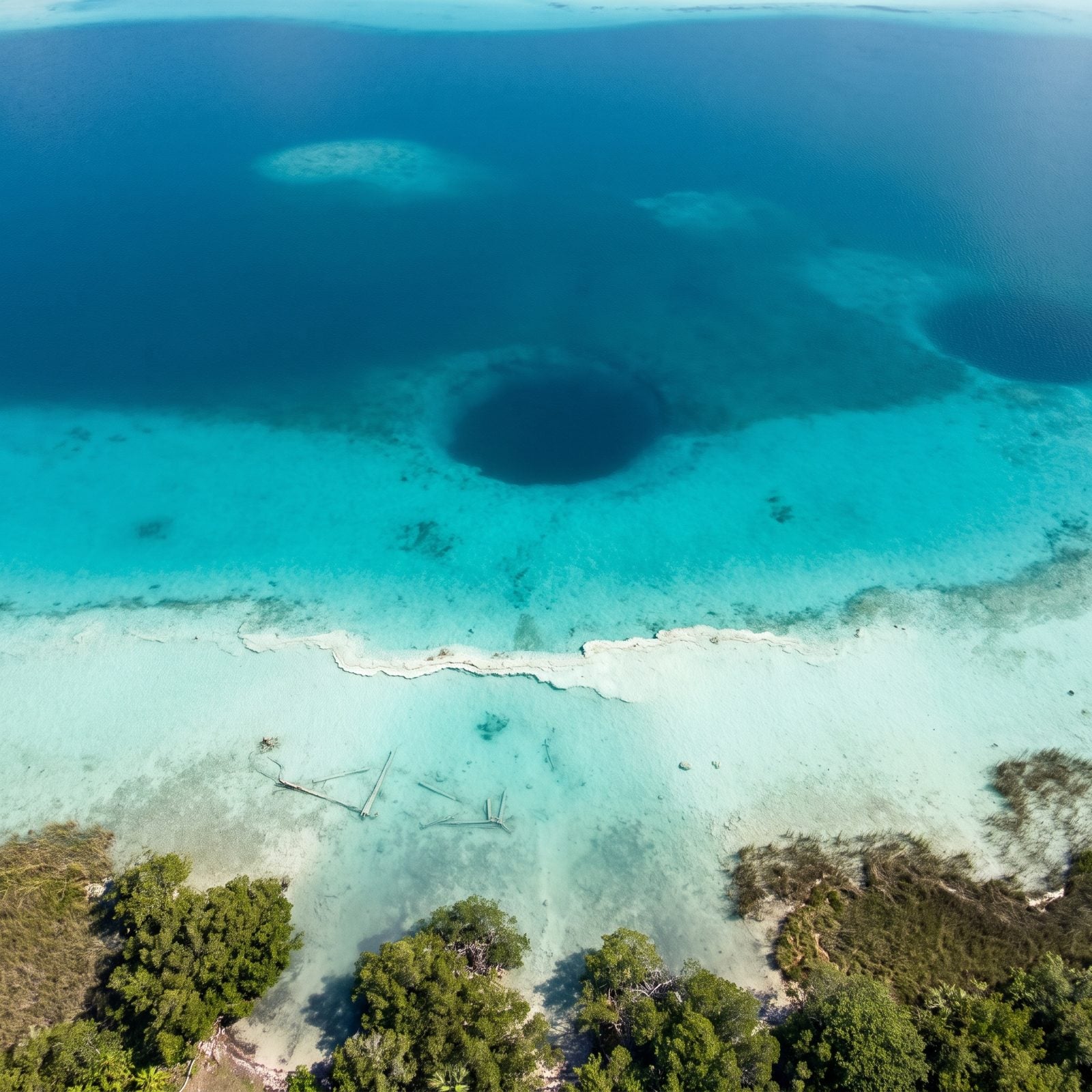 Bacalar Lagoon, Mexico, White Limestone Creating Bands of Tropical Blue