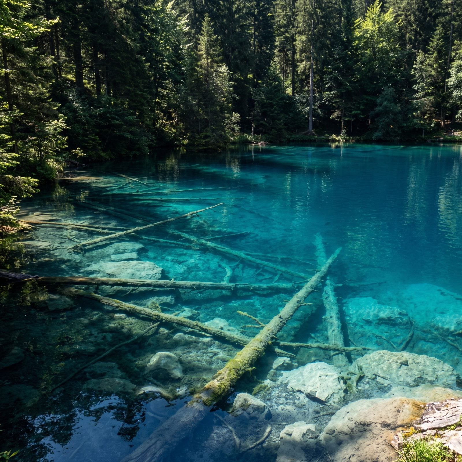 Blausee, Switzerland, Fallen Logs Glowing Through Electric-Blue Water