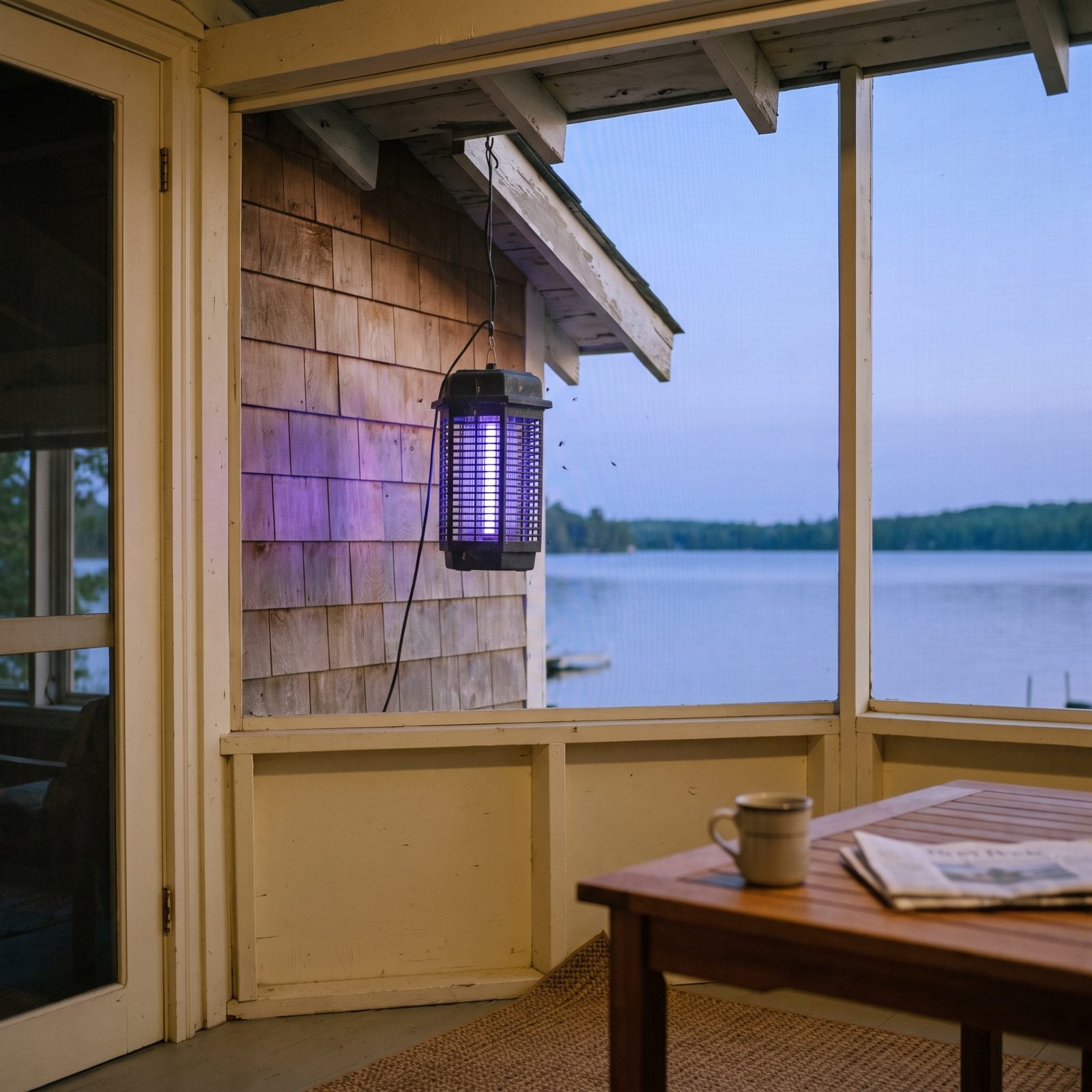 A Blue-Glow Bug Zapper Strung Up Under the Eaves