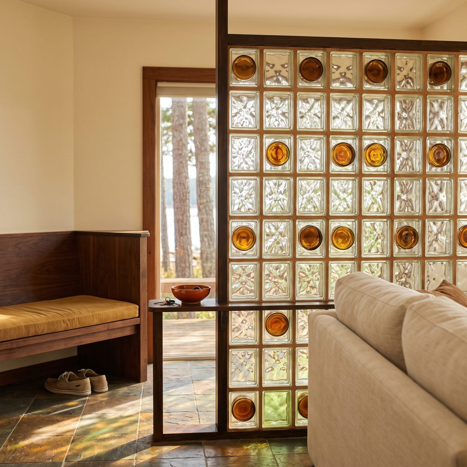 A Bottle-Glass Privacy Wall Beside the Entry
