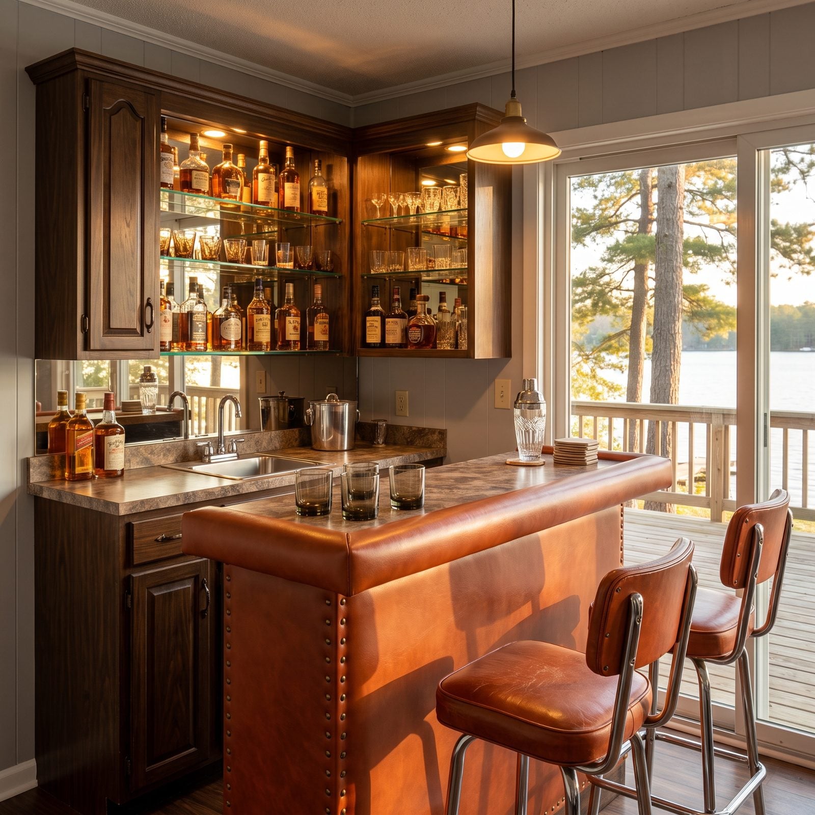 A Built-In Wet Bar With Mirrored Shelves