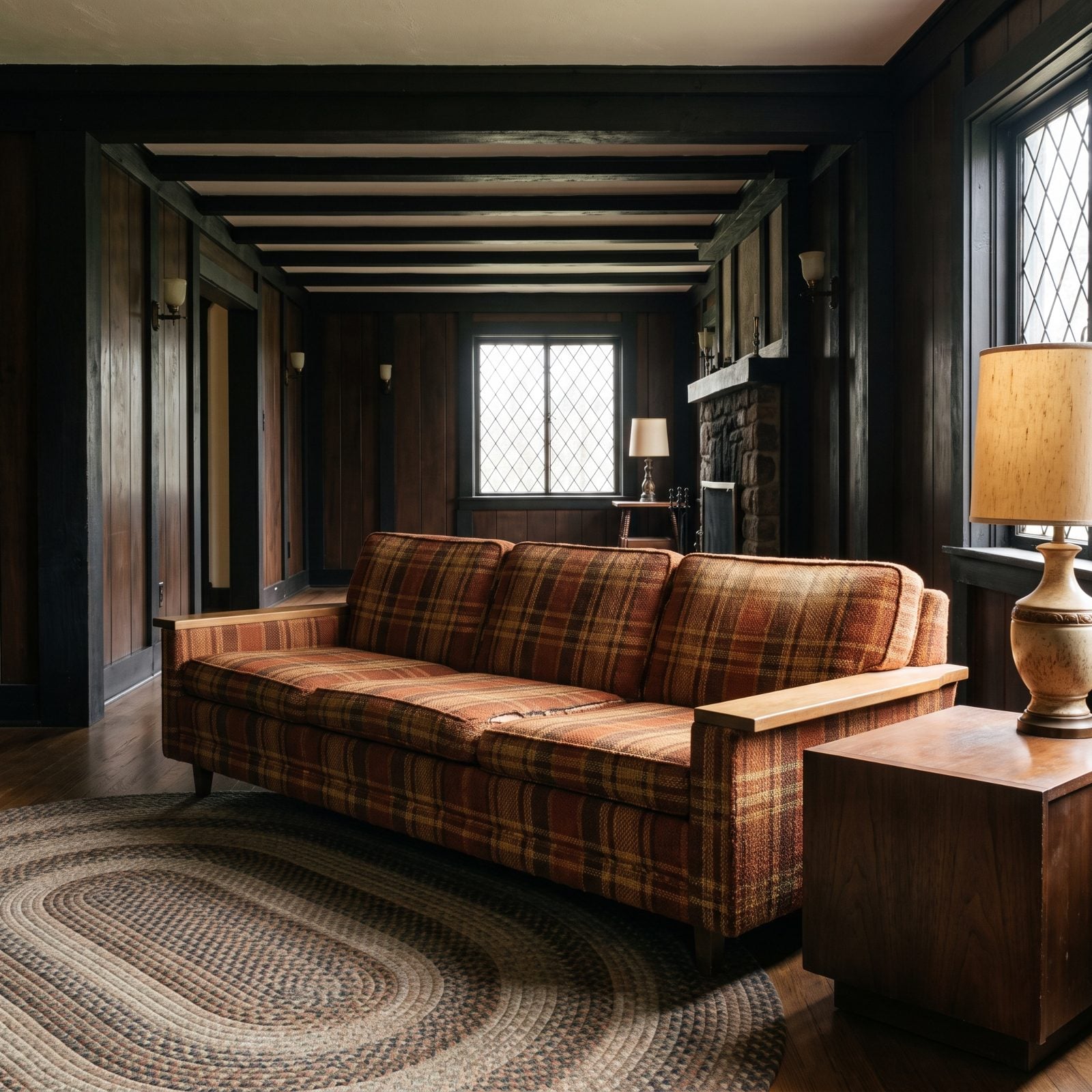 A Burnt-Orange Plaid Sofa With Low Wooden Arms