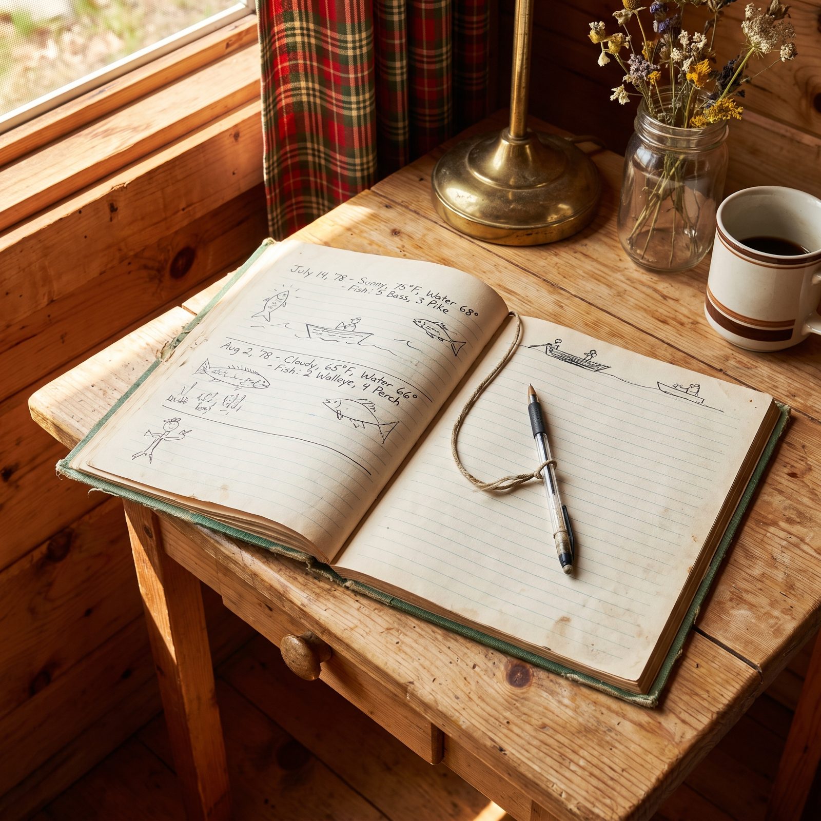 A Cabin Guestbook Recording Weather and Fishing Results