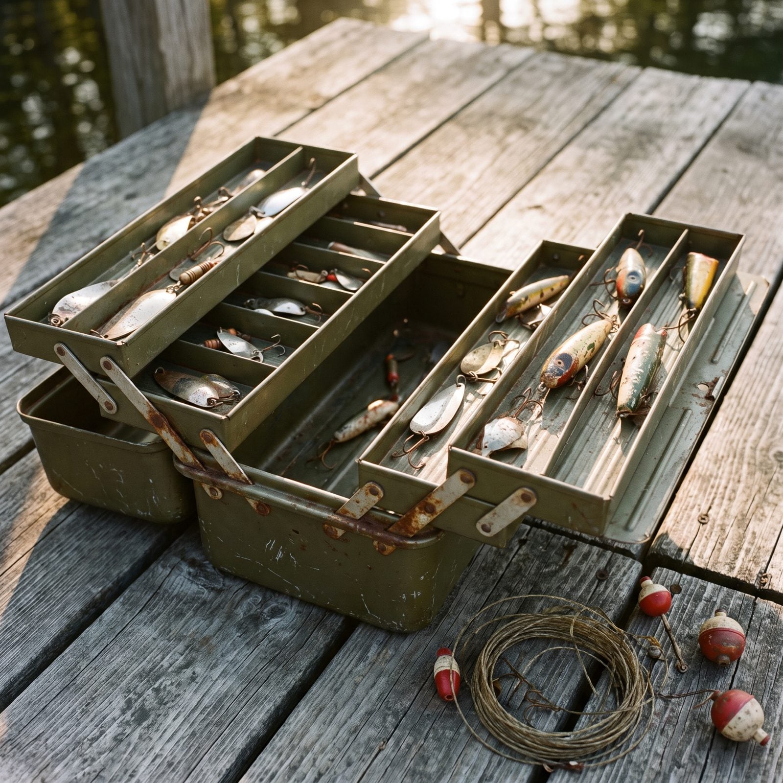 A Cantilever Tackle Box Fanned Open With Metal Lures
