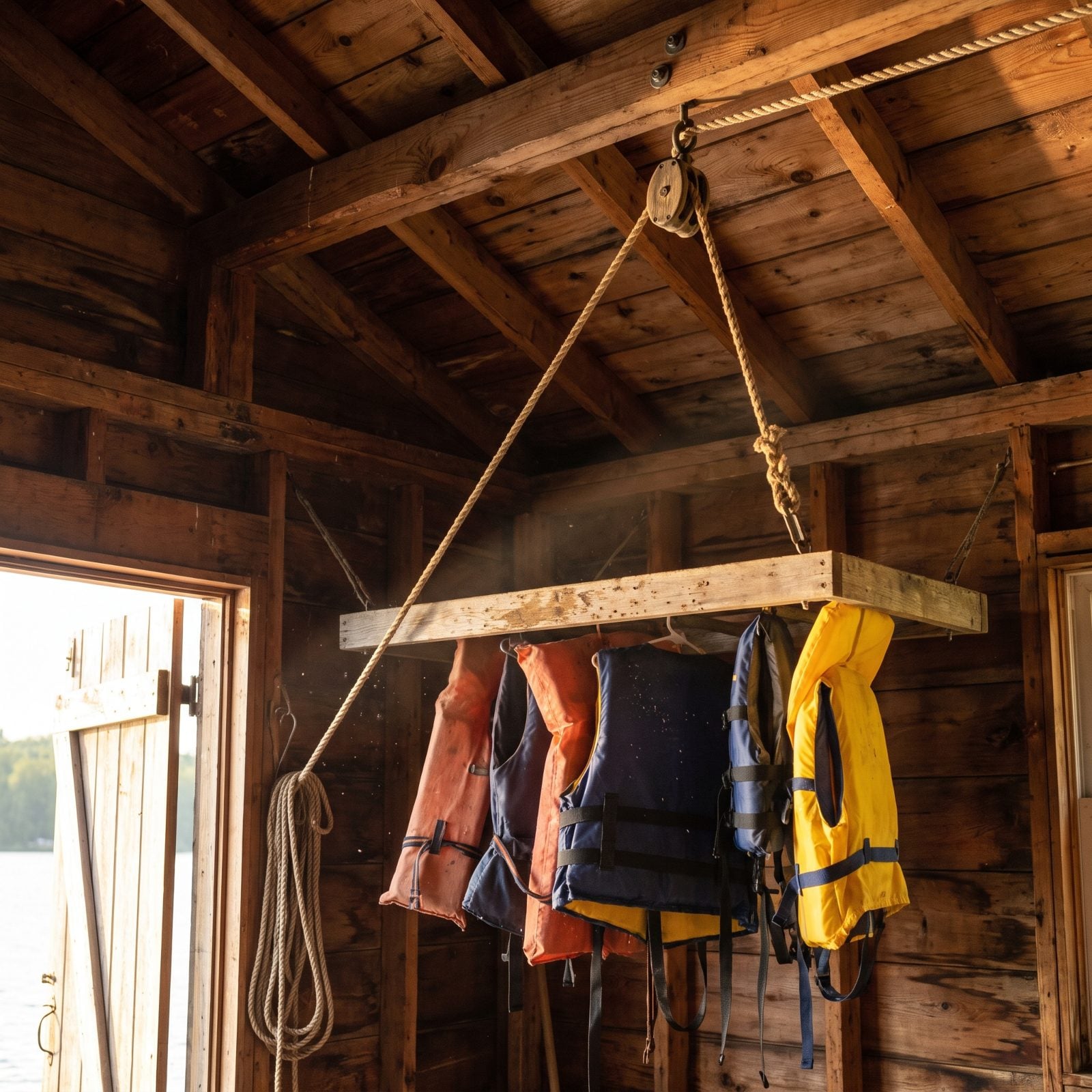 A Ceiling Pulley Rack for Drying Life Jackets
