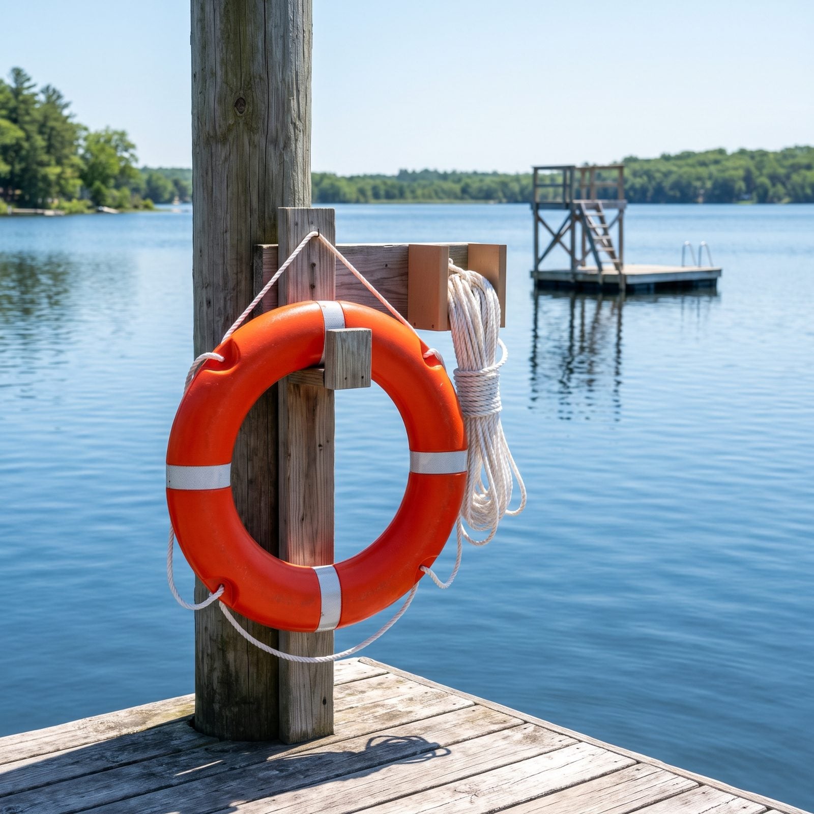 A Clearly Marked Rescue Ring and Throw-Rope Station