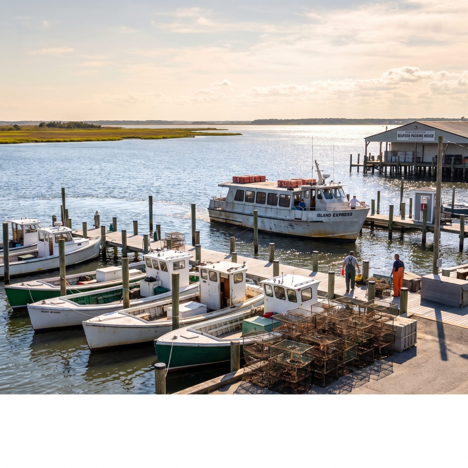 Crisfield, Maryland, Crab Boats Load Ice While the Island Ferry Waits