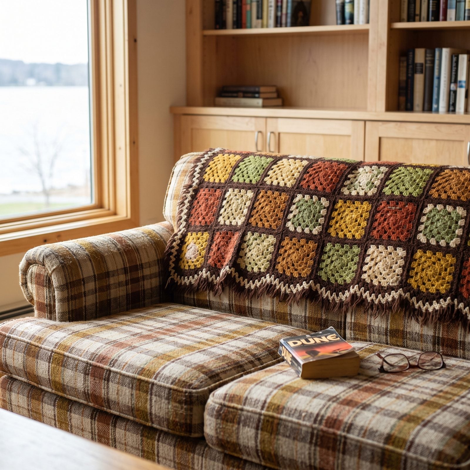A Crocheted Granny-Square Afghan Across the Sofa