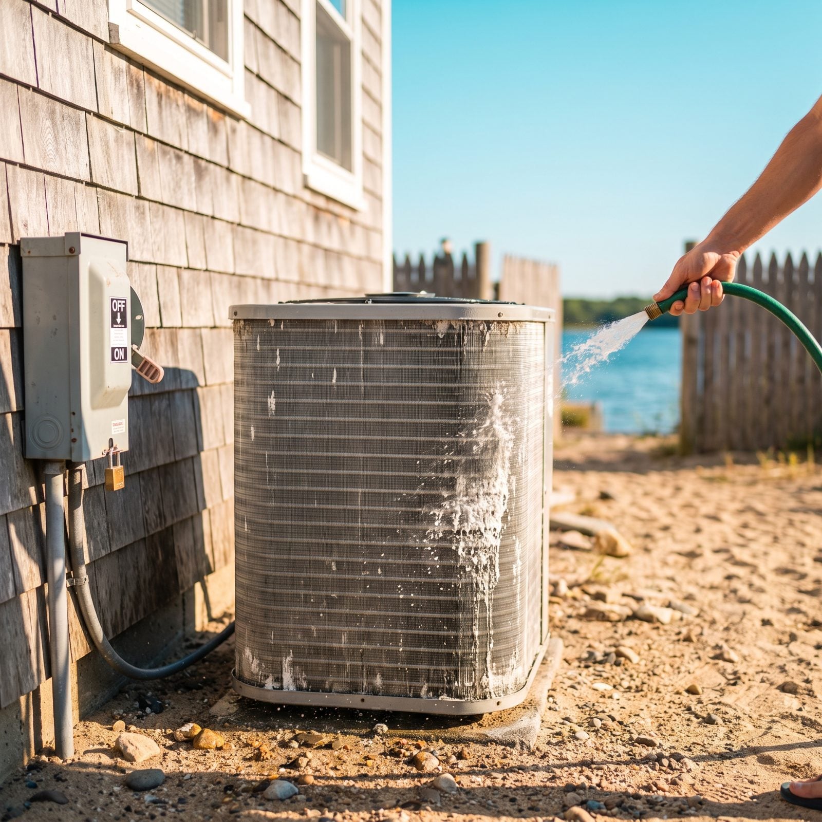 After Cutting Power, Gently Rinse Salt From the AC Condenser