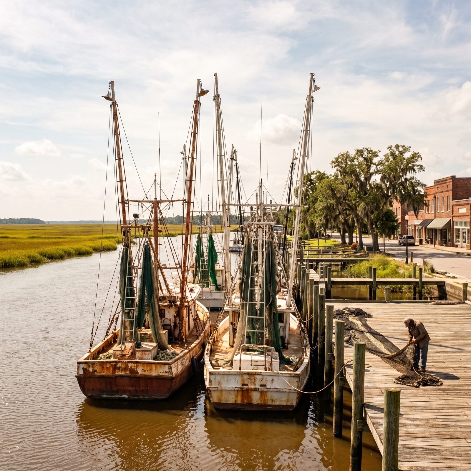 Darien, Georgia, A Shrimping Fleet Rides Beside Broad Salt Marshes