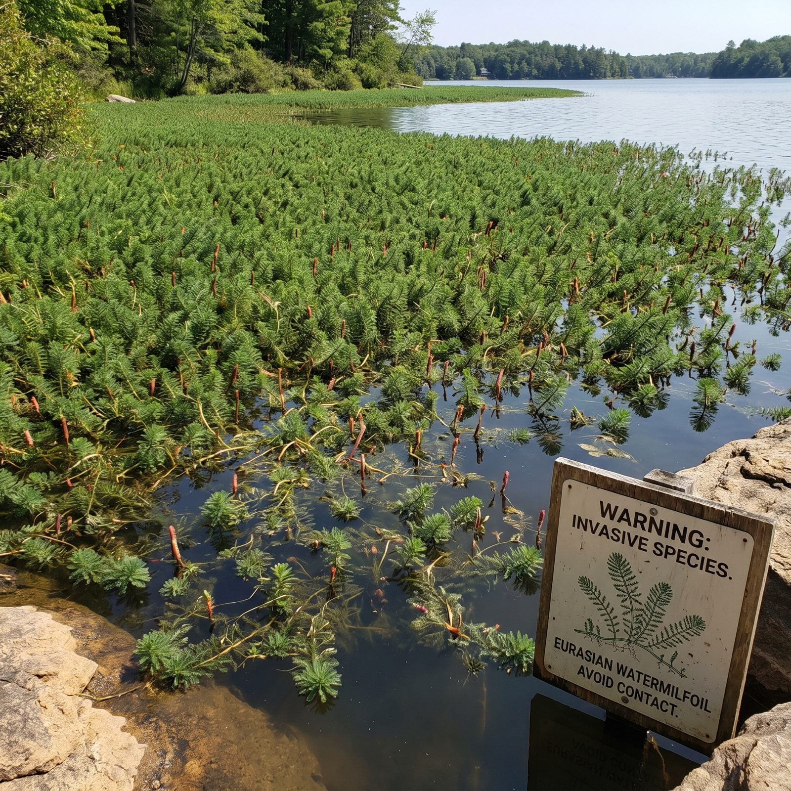 Dense Eurasian Watermilfoil Mats Reaching the Surface, Warning Sign
