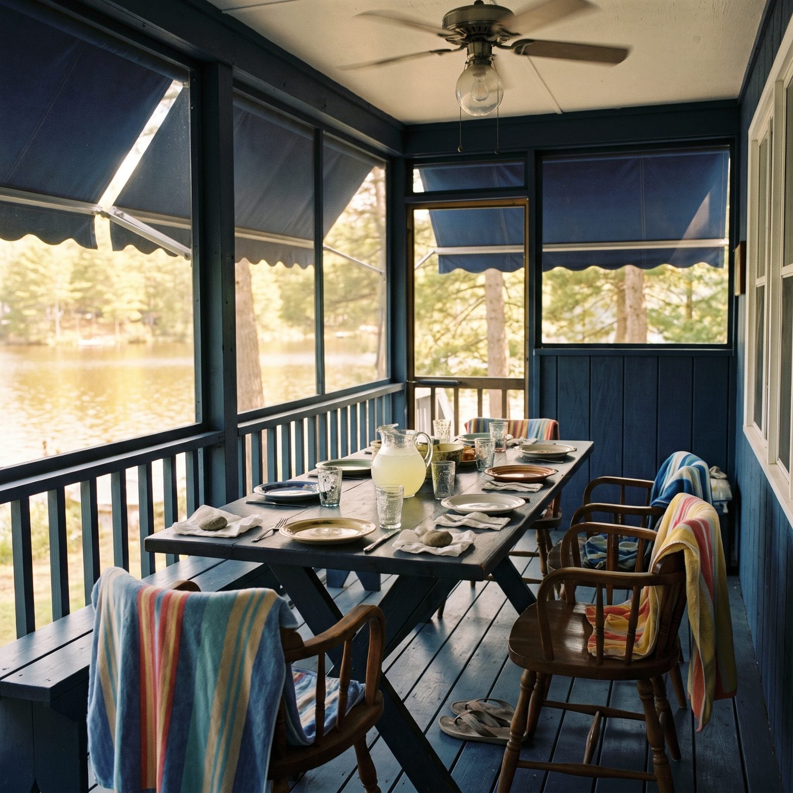 Dinner on the screened porch, everyone still in wet swimsuits