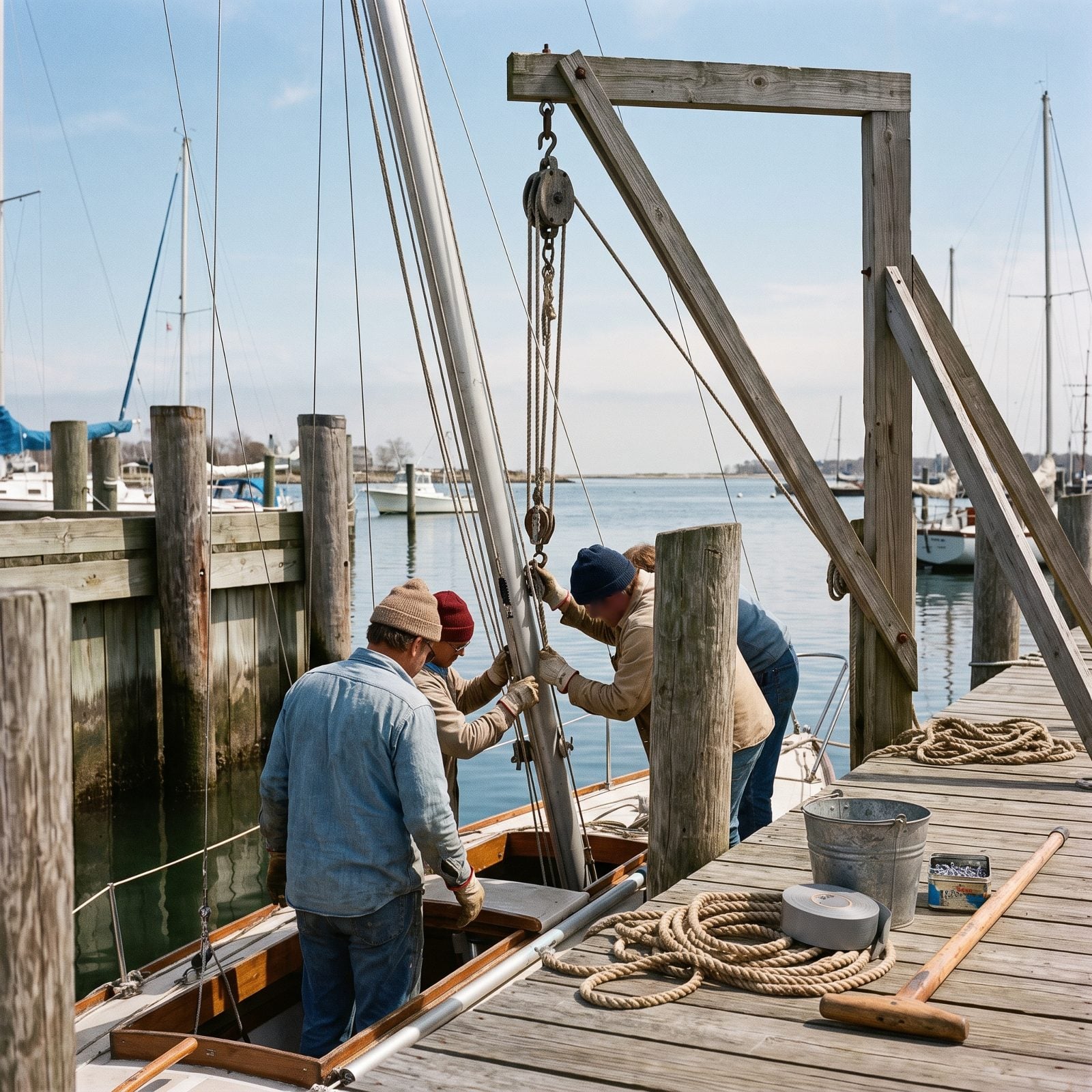 The Dock Crew Stepping a Mast With the Yard Crane