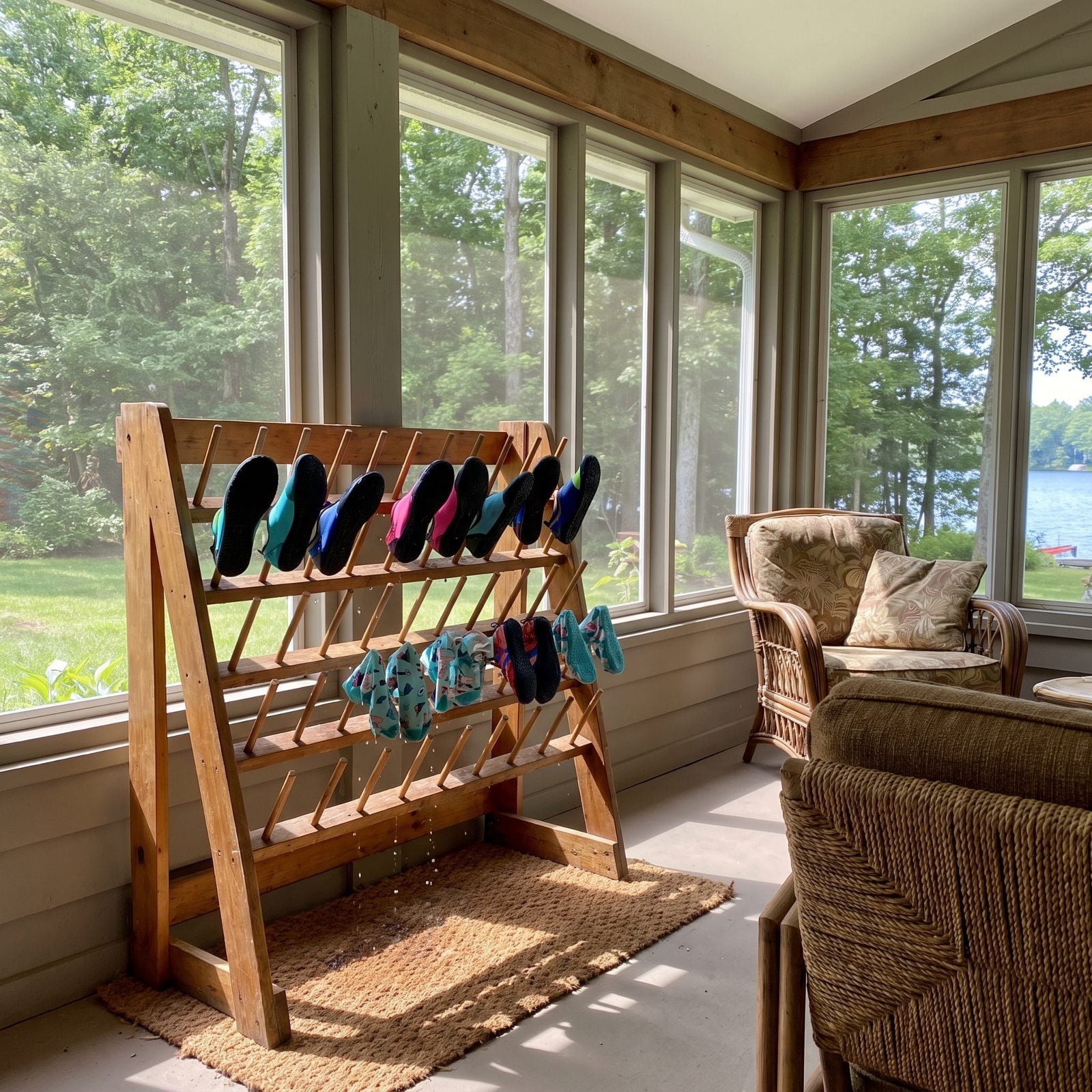 Dry Water Shoes on an Upside-Down Bottle Rack