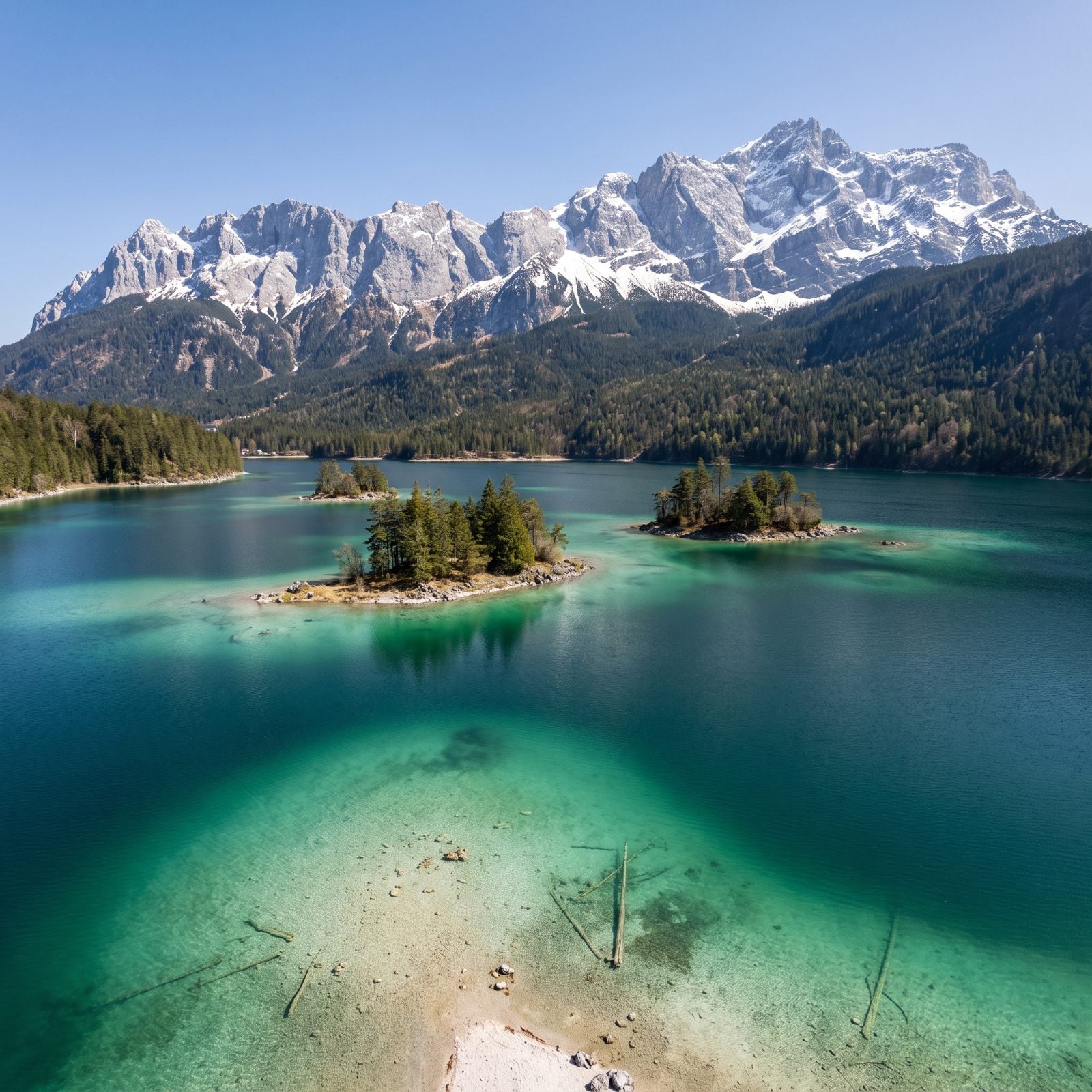 Eibsee, Germany, Transparent Water Around Forested Islets