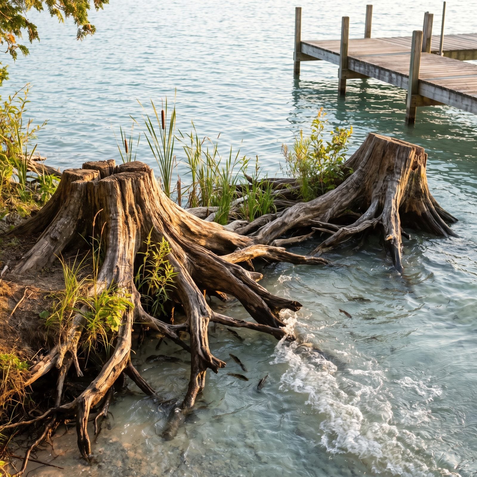 Embedded Root Wads That Break Up Wave Energy Along the Bank