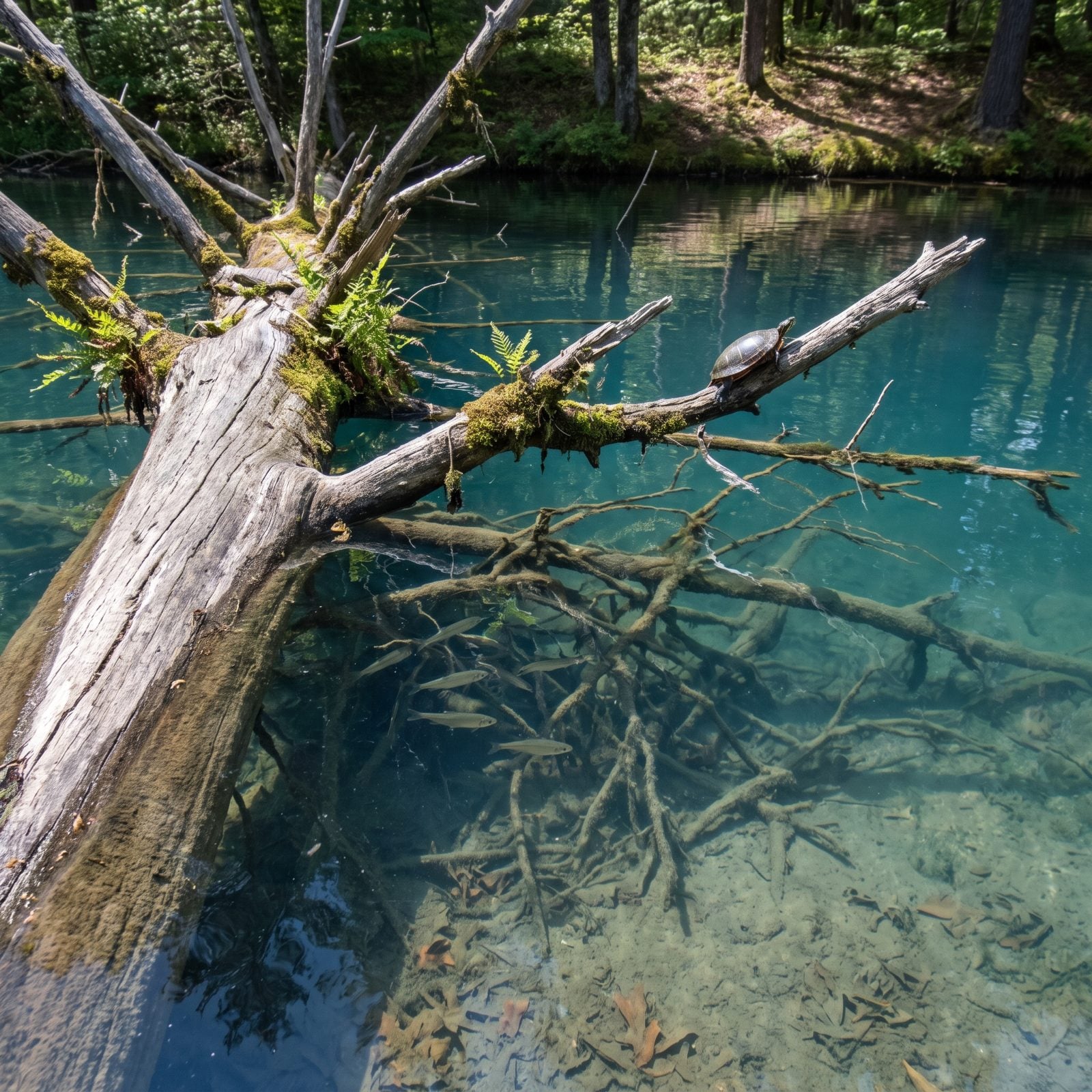 Fallen Trees and Branches Left Half-Sunk Along the Bank