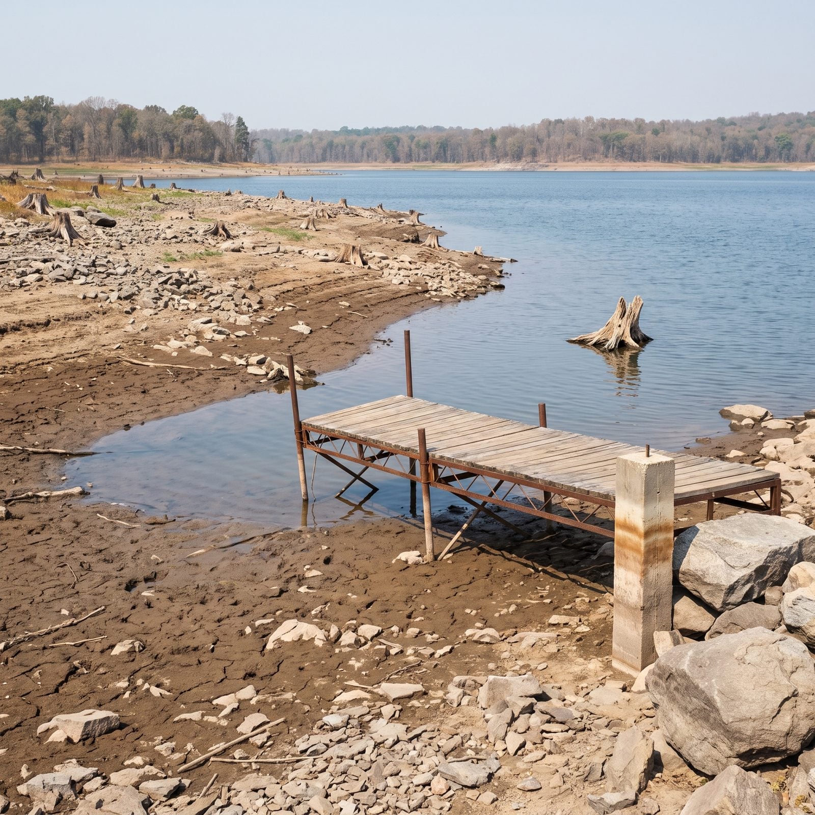 Falling Water Levels Can Expose Stumps and Rocks Midseason